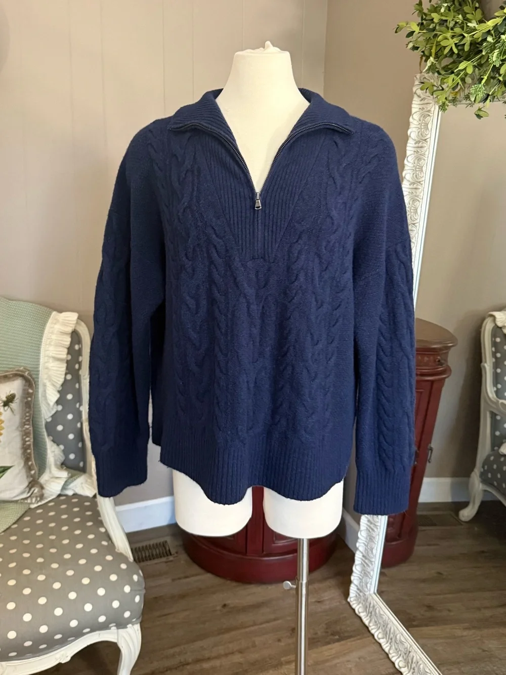 J.Crew • Supersoft Line Cable Knit Half Zip Sweater Navy Merino Wool Alpaca